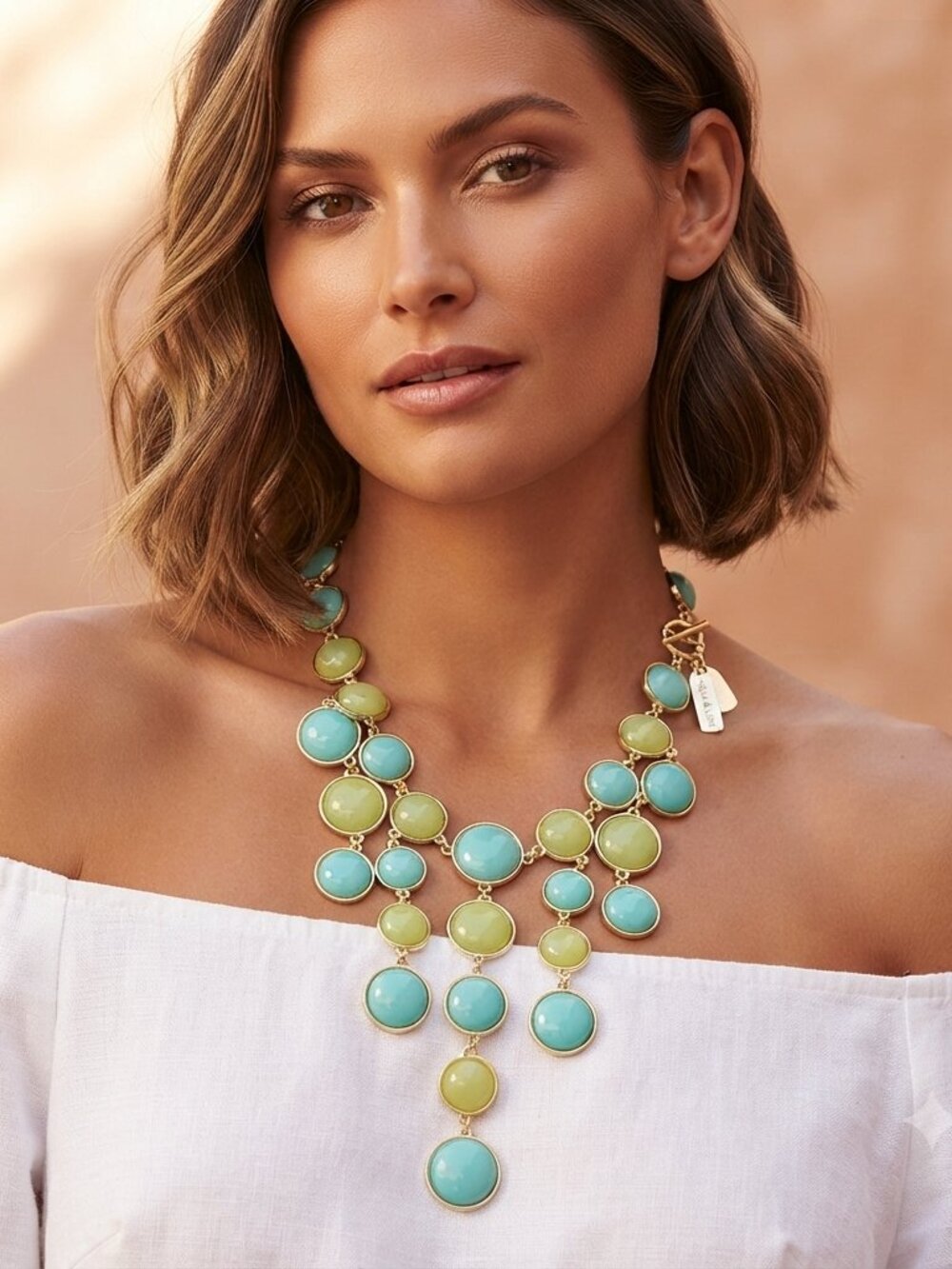 Aqua: Aqua blue  Lime Gold-Tone Waterfall Statement Necklace With Glass Stones